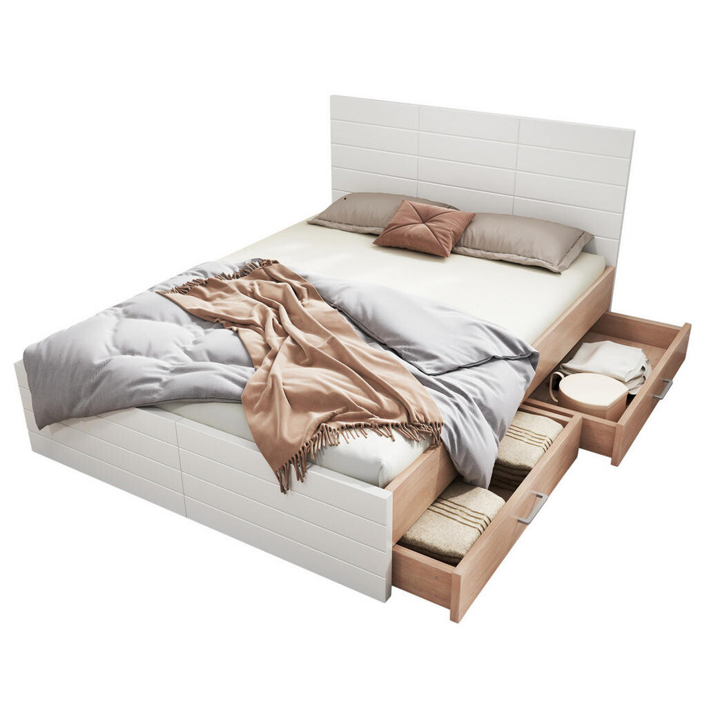 OKWISH DVOULŮŽKO 160/200 cm bílé v dekoru světlý dub z masivu a MDF s 2 zásuvkami