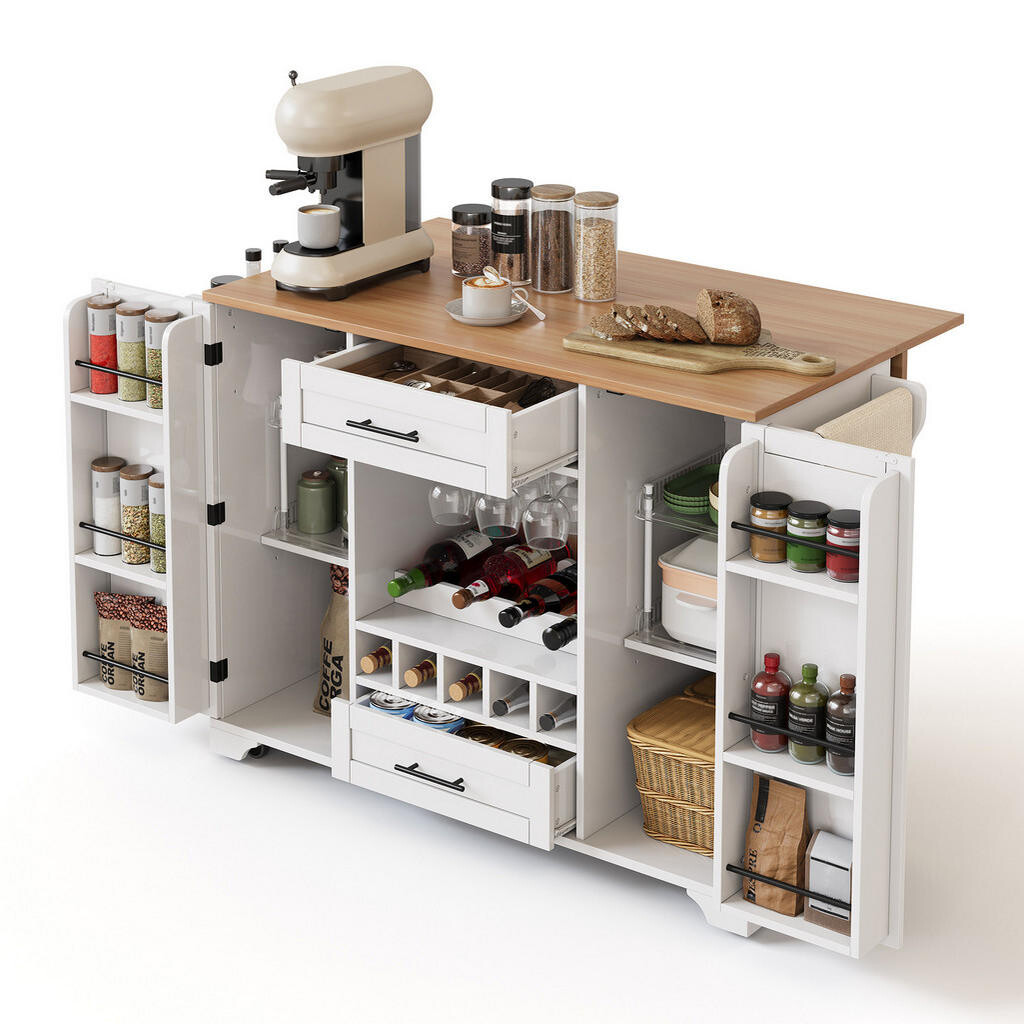 Redom KUCHYŇSKÝ ostrůvek 138/45(70)/92 cm s výsuvnou pracovní deskou, úložným prostorem a kolečky, Bílá
