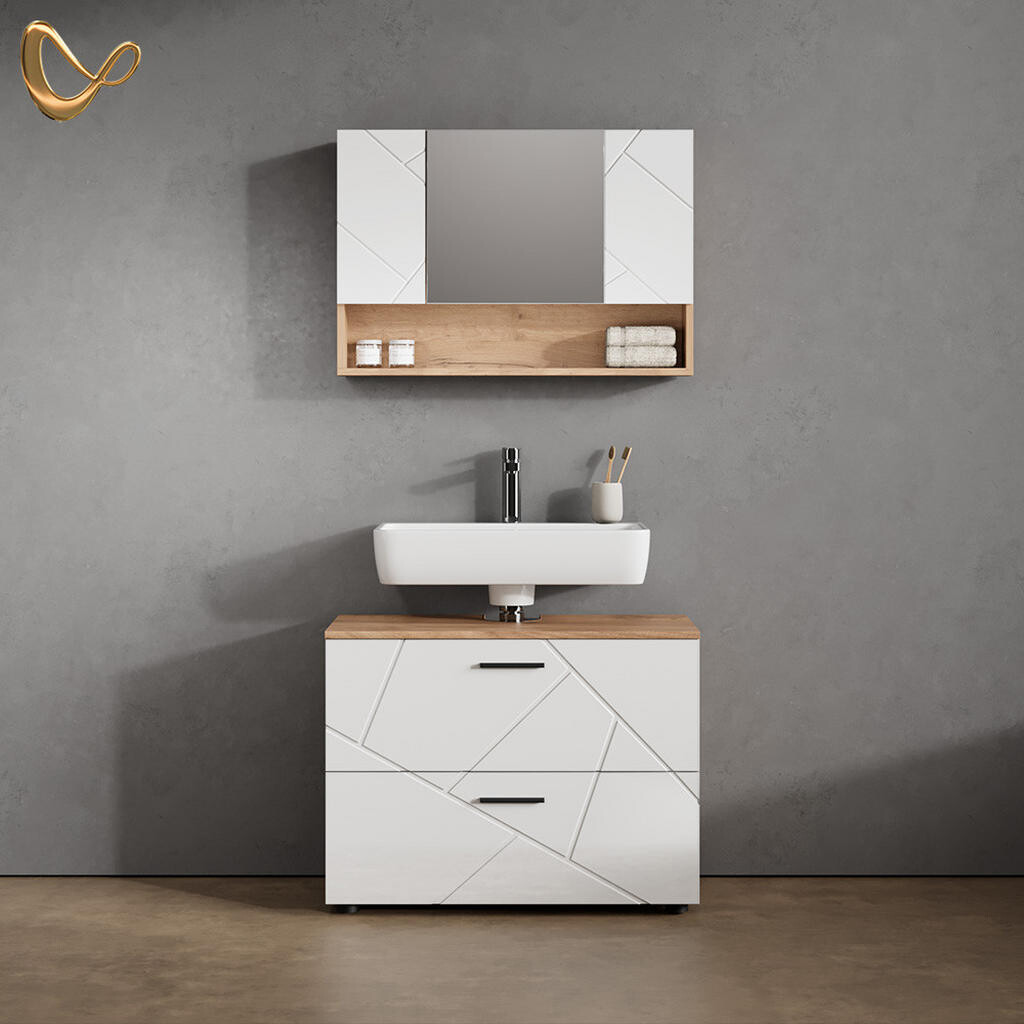Livinity® KOUPELNOVÝ NÁBYTEK Ronco, Bílá vysoký lesk/Zlatý mocný dub, 2dílná
