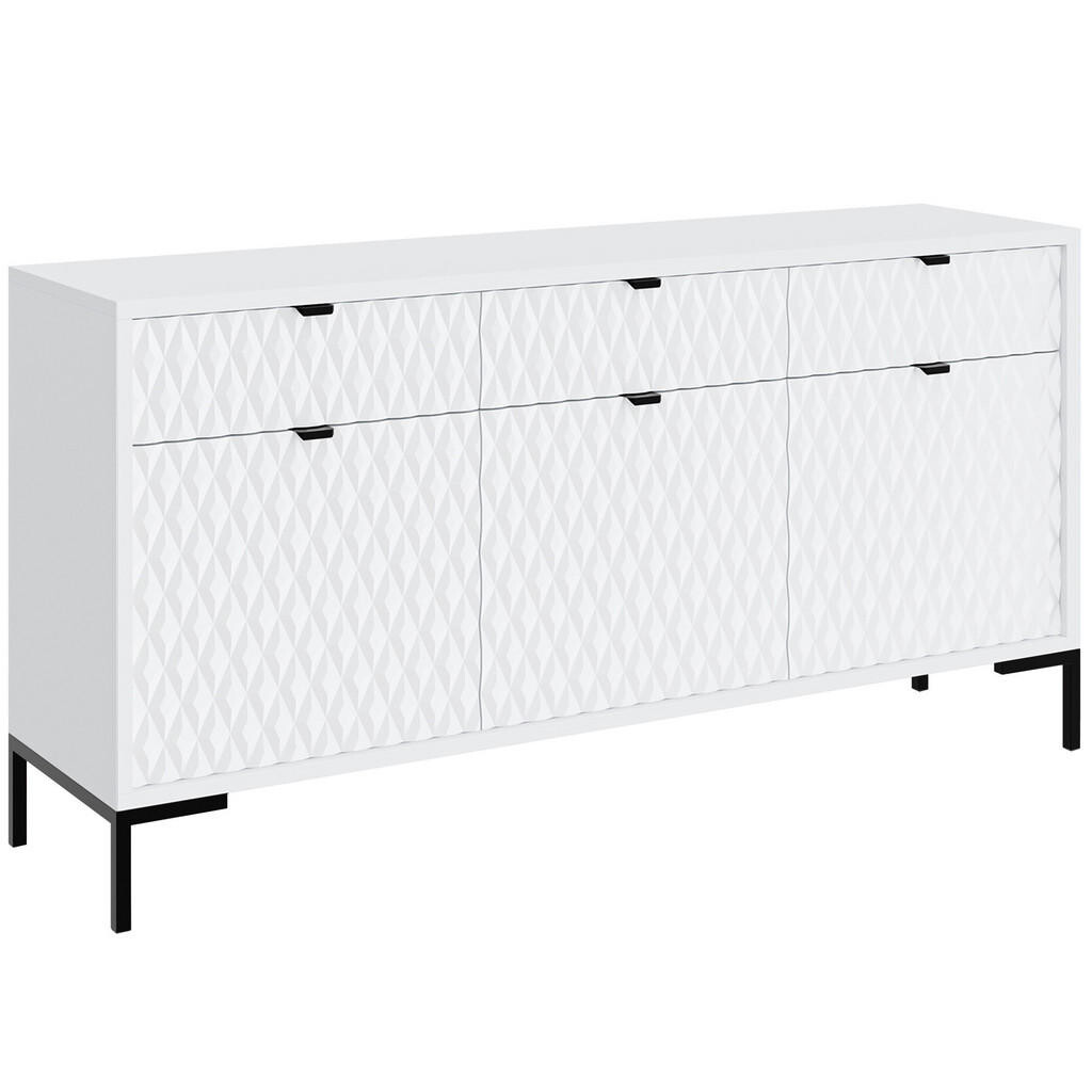 Beautysofa KOMODA Montreal se 3 dvířky a 3 zásuvkami, dekorativní 3D čela, 150 cm, bílá
