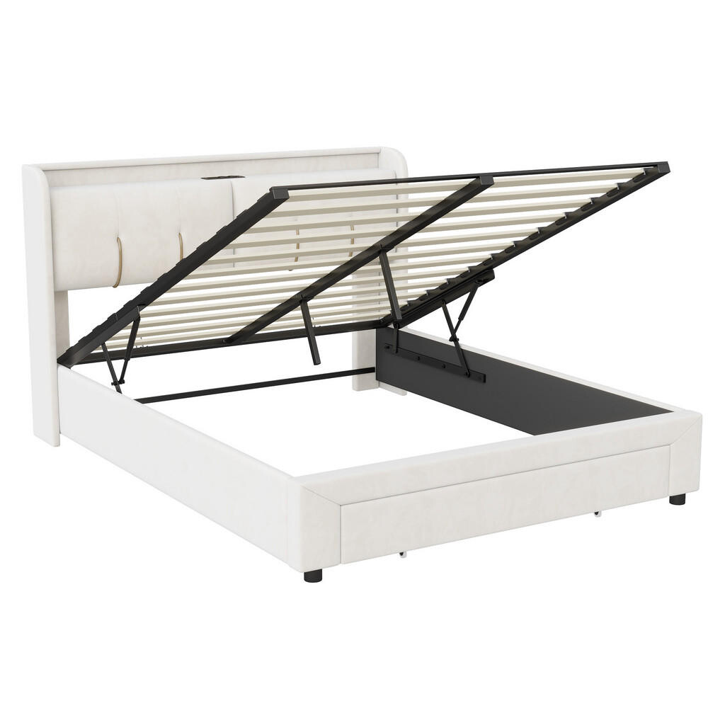 SHOPENTRA ČALOUNĚNÁ postel 140x200 cm béžová sametová LED USB Type-C