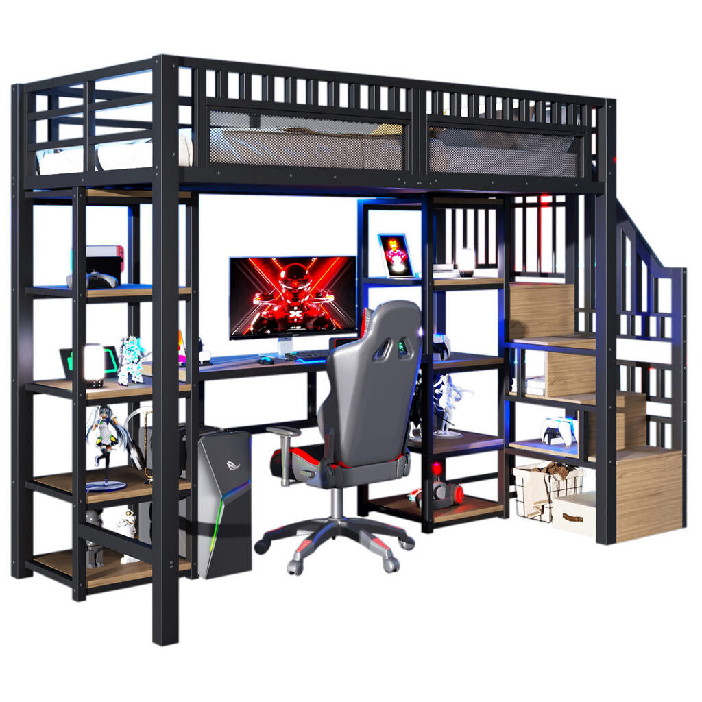 OKWISH VYSOKÁ postel 255/96/174 cm černá s psacím stolem a LED osvětlením z kovu a MDF