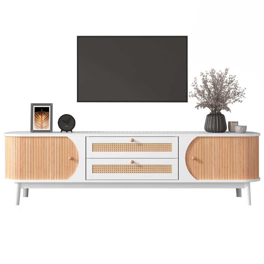 Redom TV stolek 170/39,5/46 cm s dvířky a zásuvkami, ratanovými detaily a úložným prostorem, Bílá