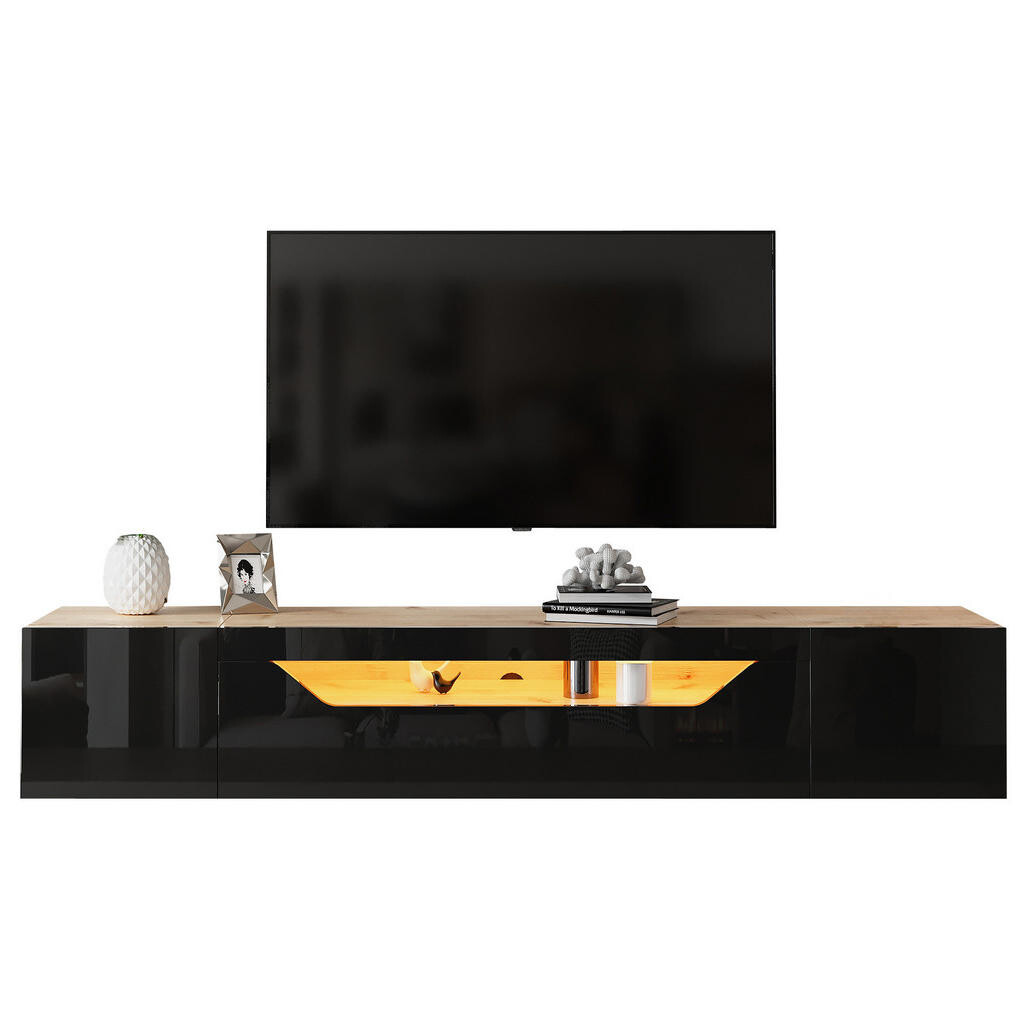 Redom ZÁVĚSNÝ TV stolek 180/37/36 cm s LED osvětlením, vysokým leskem a víceúrovňovým úložištěm, Černá + přírodní dřevo