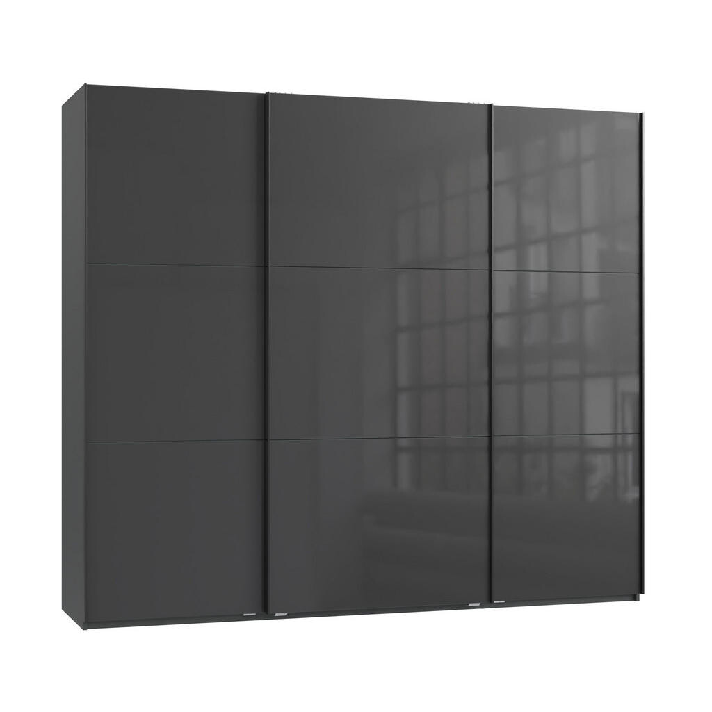luma-home SKŘÍŇ S POSUVNÝMI DVEŘMI, 3dveřová, 250 × 216 × 65 cm (Š×V×H), v antracitové barvě se skleněnými čely, včetně kompletního vybavení / 22032
