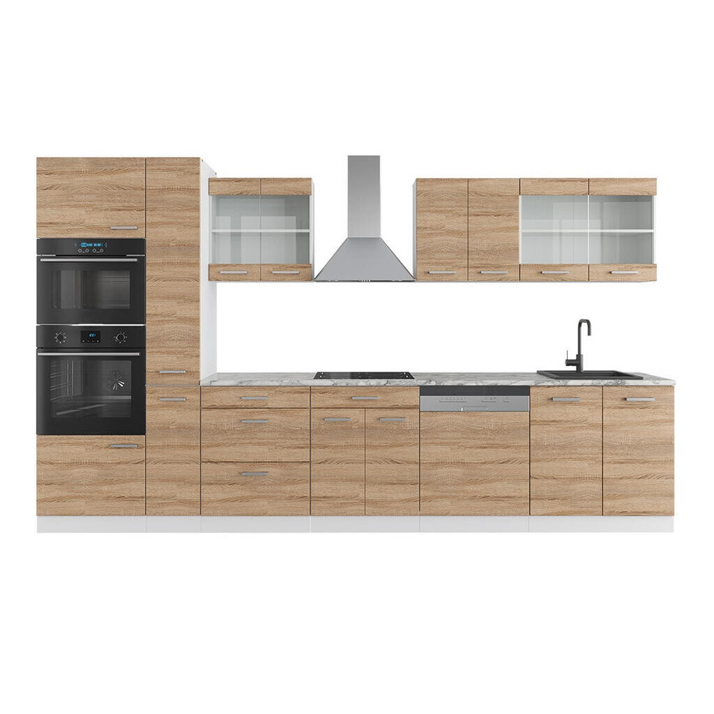 Vicco KUCHYŇSKÁ LINKA R-Line Sonoma/bílá 350 cm s vysokou skříní, s pracovní deskou