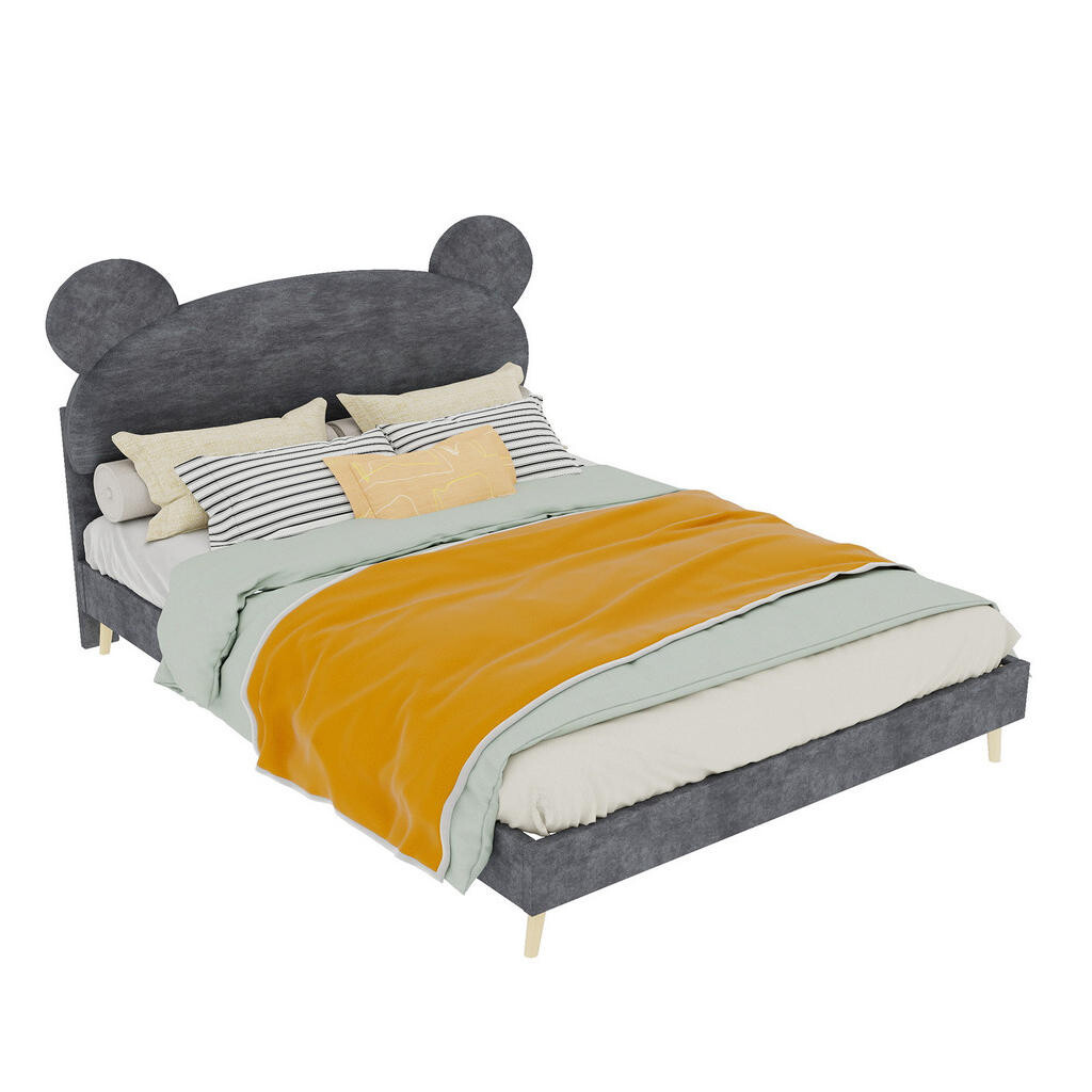 OKWISH DĚTSKÁ postel 140/200 cm šedá z látky a kovu s plyšovým čelem s medvědími oušky