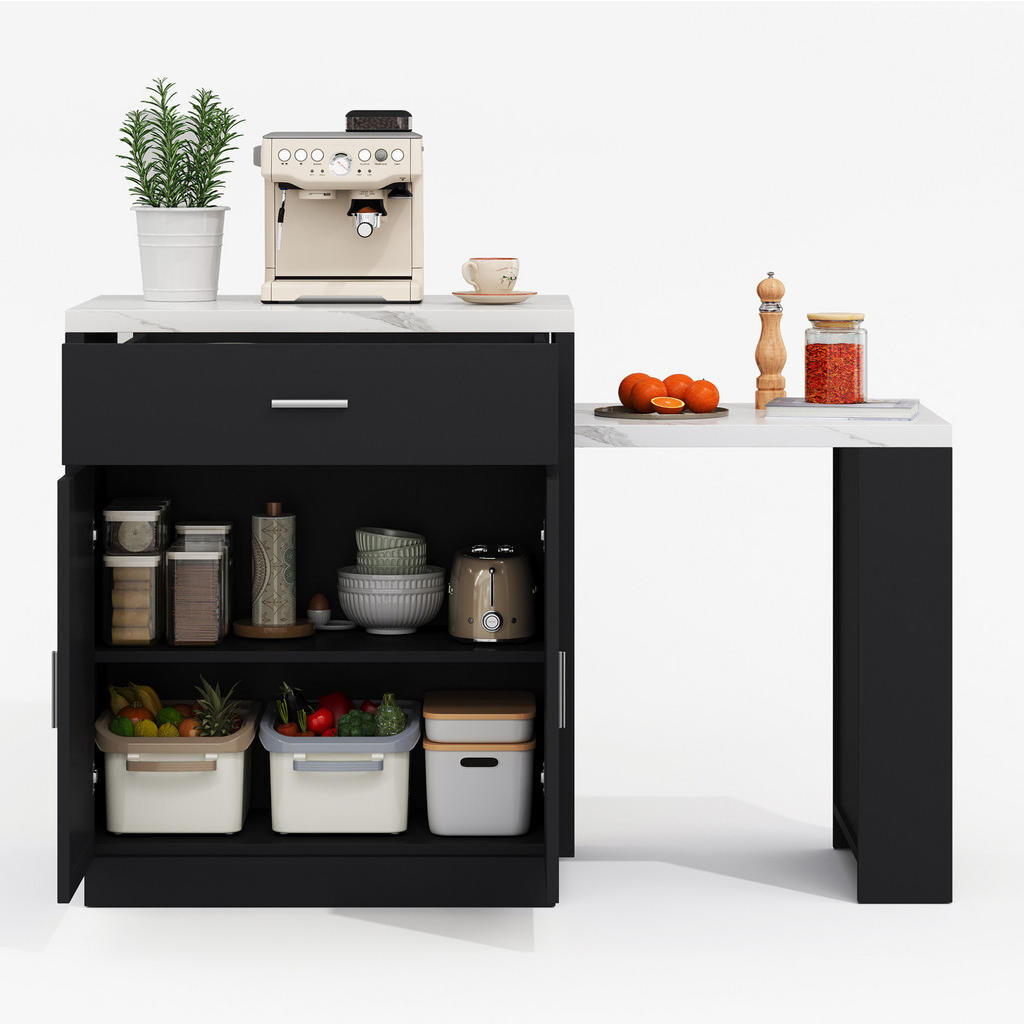 OKWISH KUCHYŇSKÝ ostrůvek 211/55/89,5 cm černý z MDF s výsuvným jídelním stolem, zásuvkami a úložným prostorem