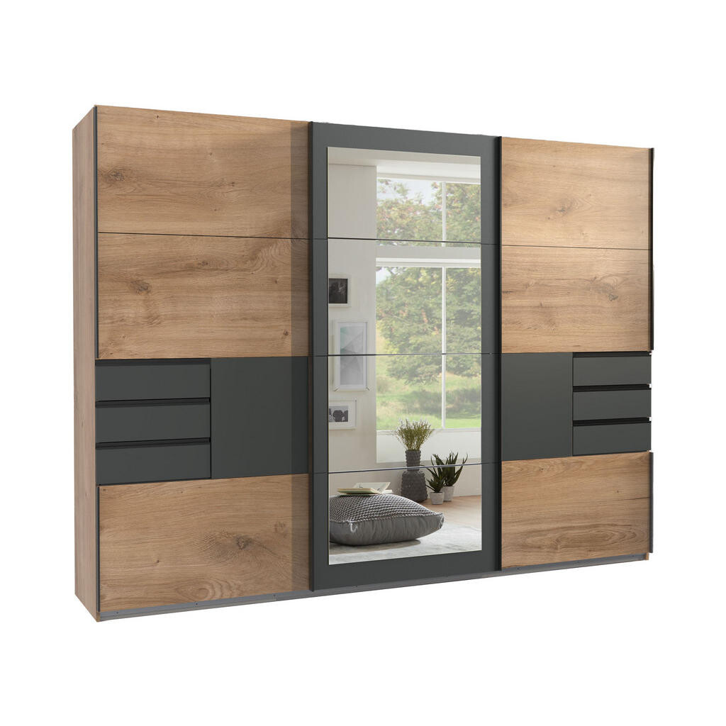 luma-home SKŘÍŇ S POSUVNÝMI DVEŘMI, 3dveřová, 270 × 208 × 64 cm (Š×V×H), v dekoru dubu s grafitovými akcenty, zrcadlem a zásuvkami / 22503