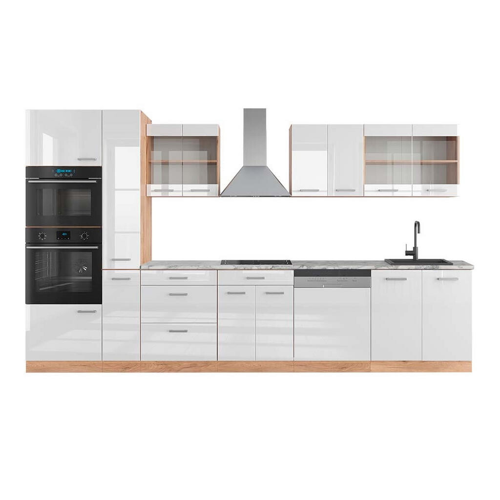 Vicco KUCHYŇSKÝ KOUT R-Line Bílý vysoký lesk/zlatý dub power 350 cm s vysokou skříní, PD Mramor