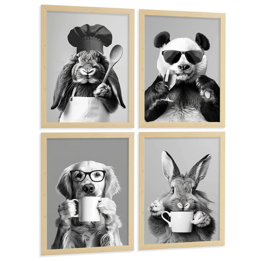 Nacnic PLAKAT Sada 4 Funny Animals byn A3 Lehký dřevěný rám