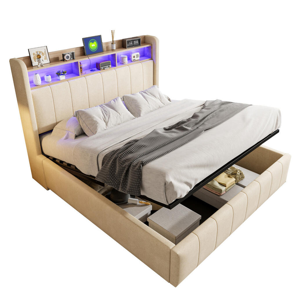 Redom ČALOUNĚNÁ postel 160/200 cm s barevně měnitelným LED osvětlením, USB a USB-C porty, hydraulickým úložným prostorem, Béžová