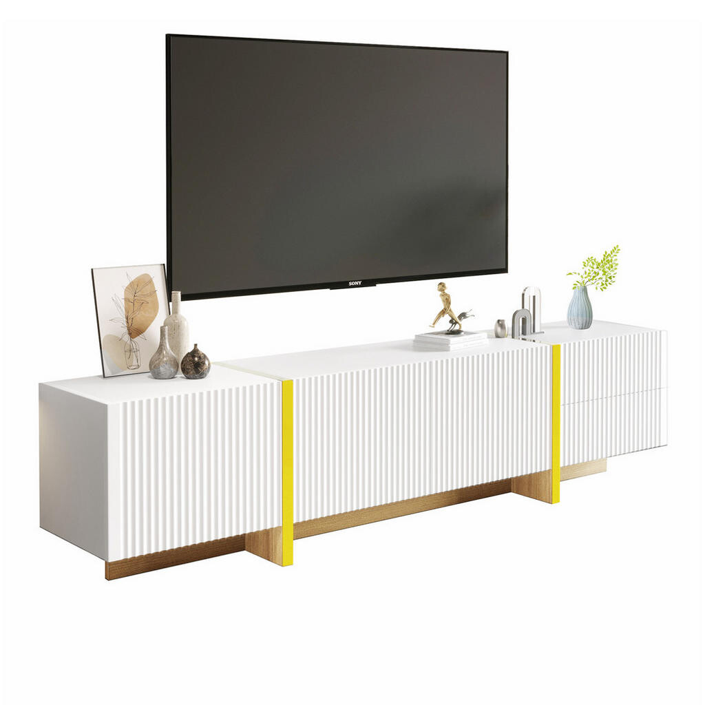 Redom TV stolek 190/35/45 cm s 2 zásuvkami a 3 dvířky, tiché zavírání a velký úložný prostor, Bílá/Zlatá