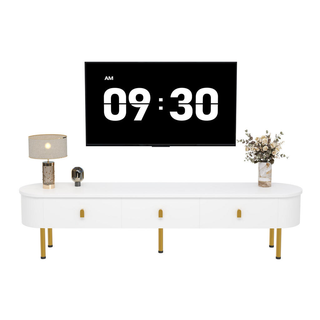 OKWISH TV stolek 174/35/41 cm bílá z MDF s lesklým povrchem, zlatými úchyty a nohami