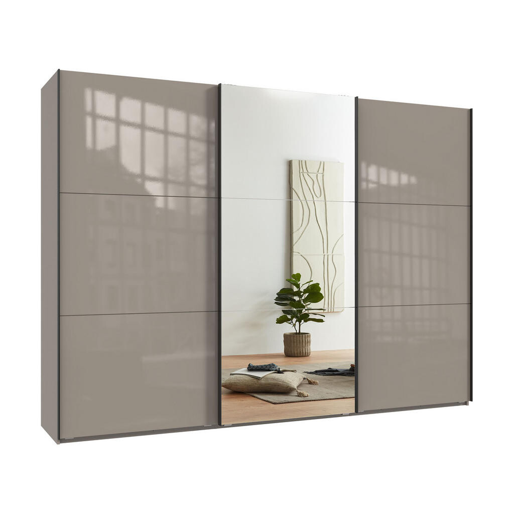 luma-home SKŘÍŇ S POSUVNÝMI DVEŘMI, 3dveřová, 300 × 216 × 65 cm (Š×V×H), v pískově šedé barvě se skleněnými čely, s jedněmi zrcadlovými dveřmi / 22040
