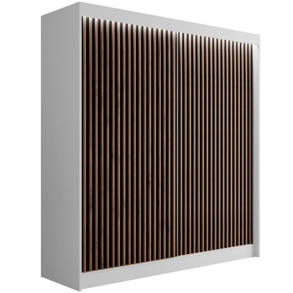 ALTDECOR ŠATNÍ SKŘÍŇ s LED, lamelové posuvné dveře VILANv2 – 200 cm bílá + lamely dub wotan