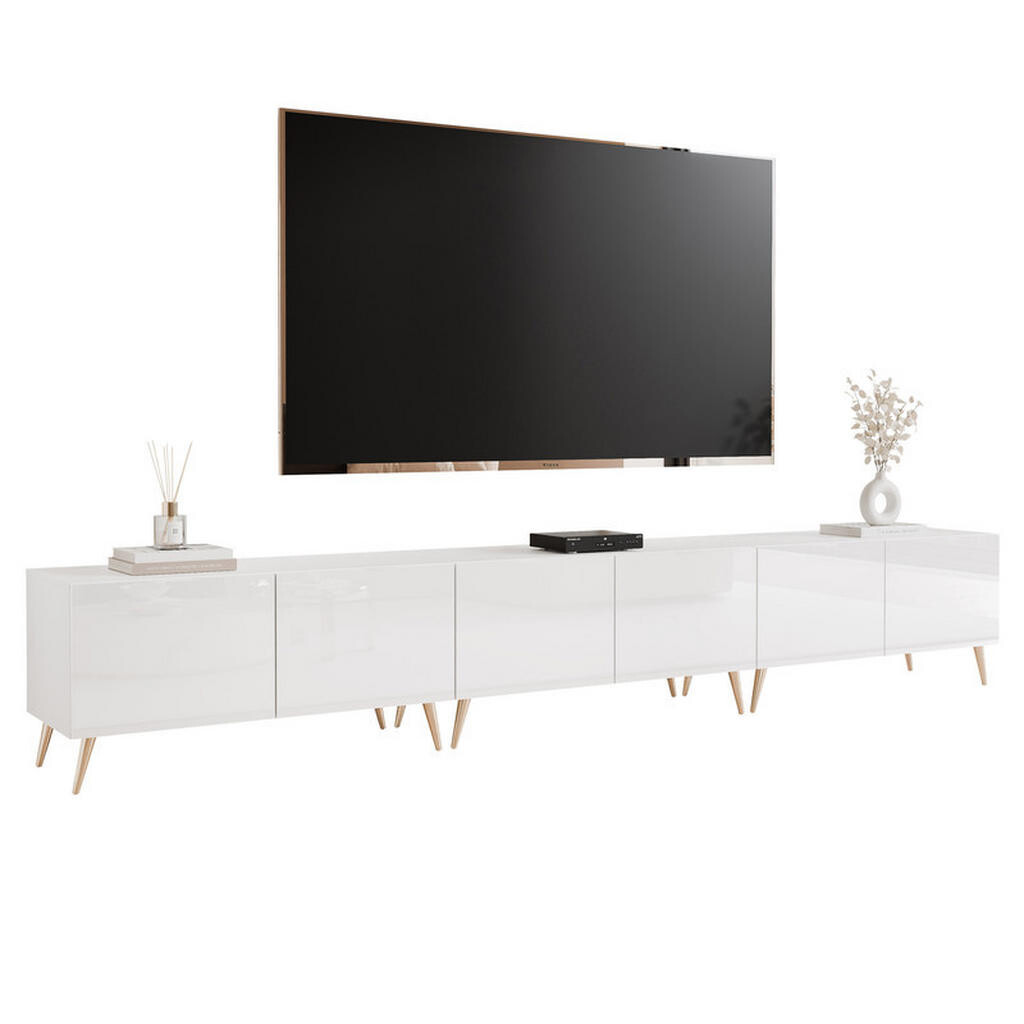 Idohome TV skříňka ANGEL 300 cm na nožkách s osvětlením BÍLÝ VYSOKÝ LESK