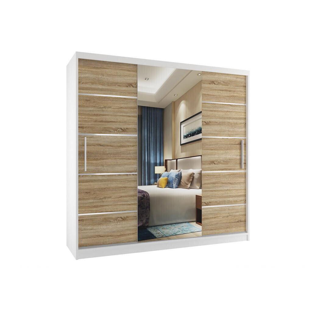 B BELINI GROUP POSUVNÁ SKŘÍŇ Verona MT, Bílá/Dub Sonoma Mat, 200 cm, se zrcadlem