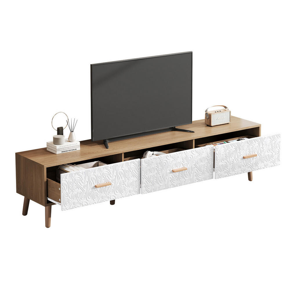Redom TV stolek 150/39/35 cm s retro reliéfními dvířky, třemi zásuvkami a masivními nohami, Bílá / světlé dřevo