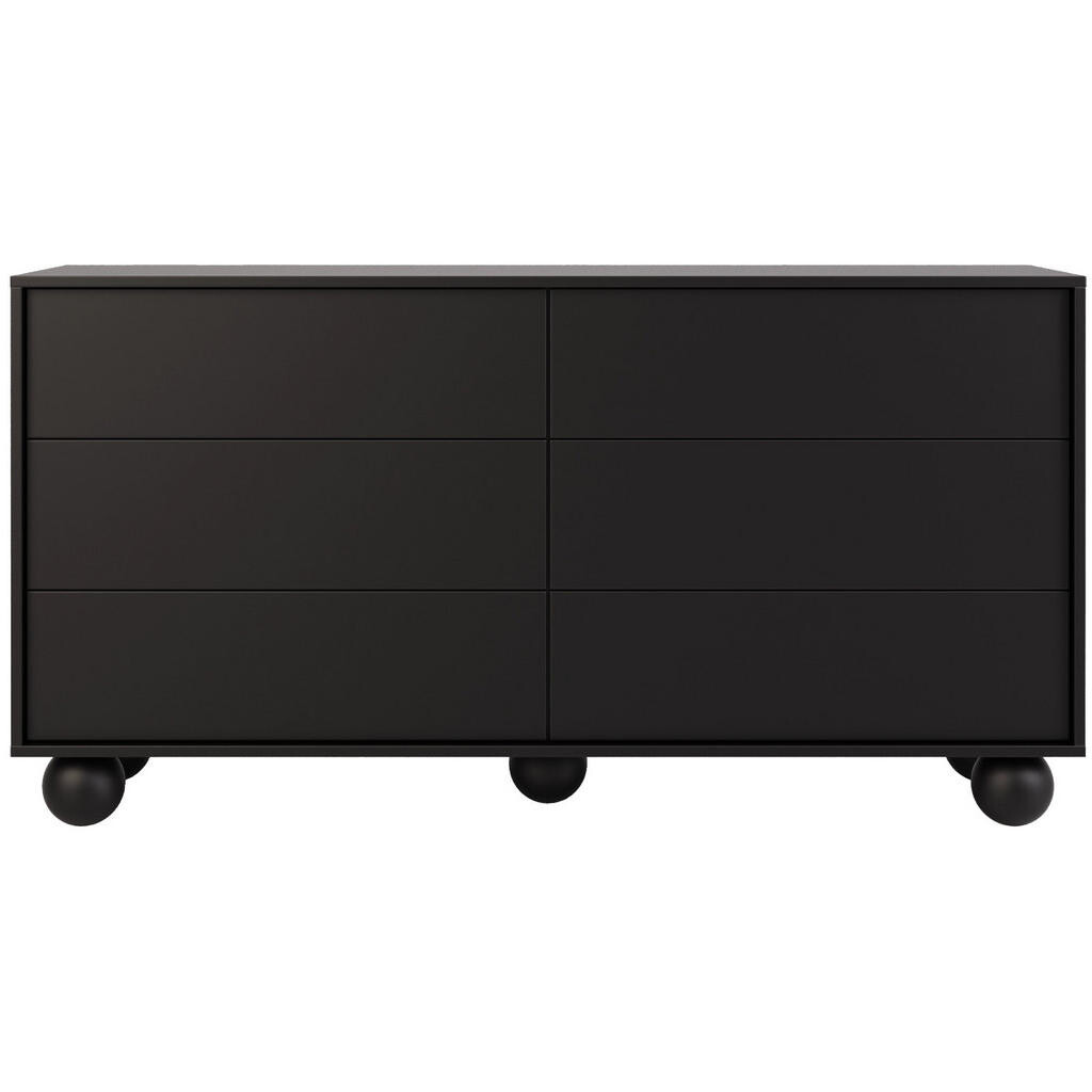Beautysofa KOMODA Adel se 6 zásuvkami a kulatými nožkami, 154 cm, bezúchytková, černá