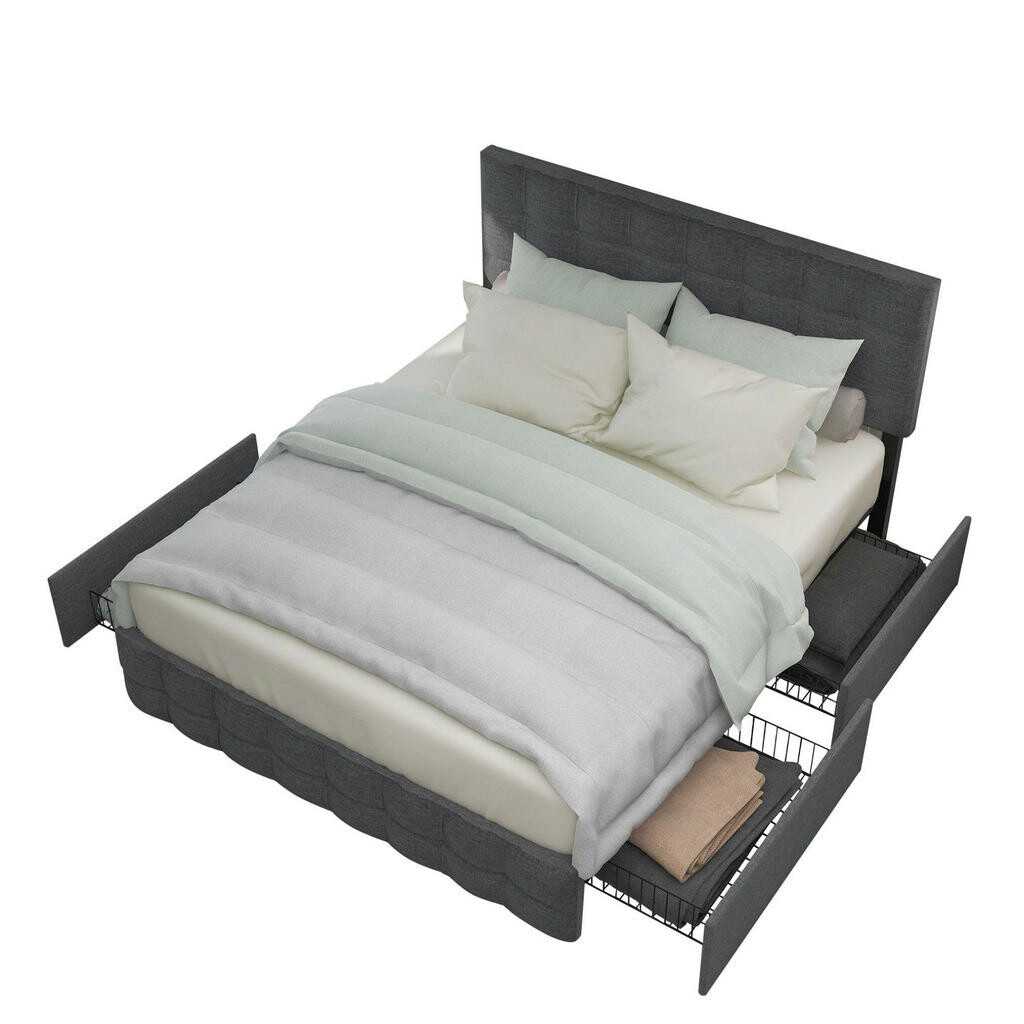 OKWISH ČALOUNĚNÁ postel 140/200 cm šedá z lnu se 4 zásuvkami a nastavitelným čelem