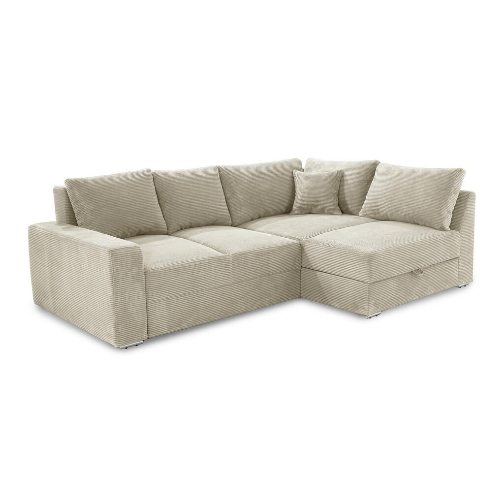 luma-home ROHOVÁ POHOVKA – PRO DLOUHODOBÉ SPÁNÍ: Boxspring, pružinová matrace, topper, úložný prostor, 260 × 181 × 88 cm (Š×H×V), manšestr béžovo-šedý
