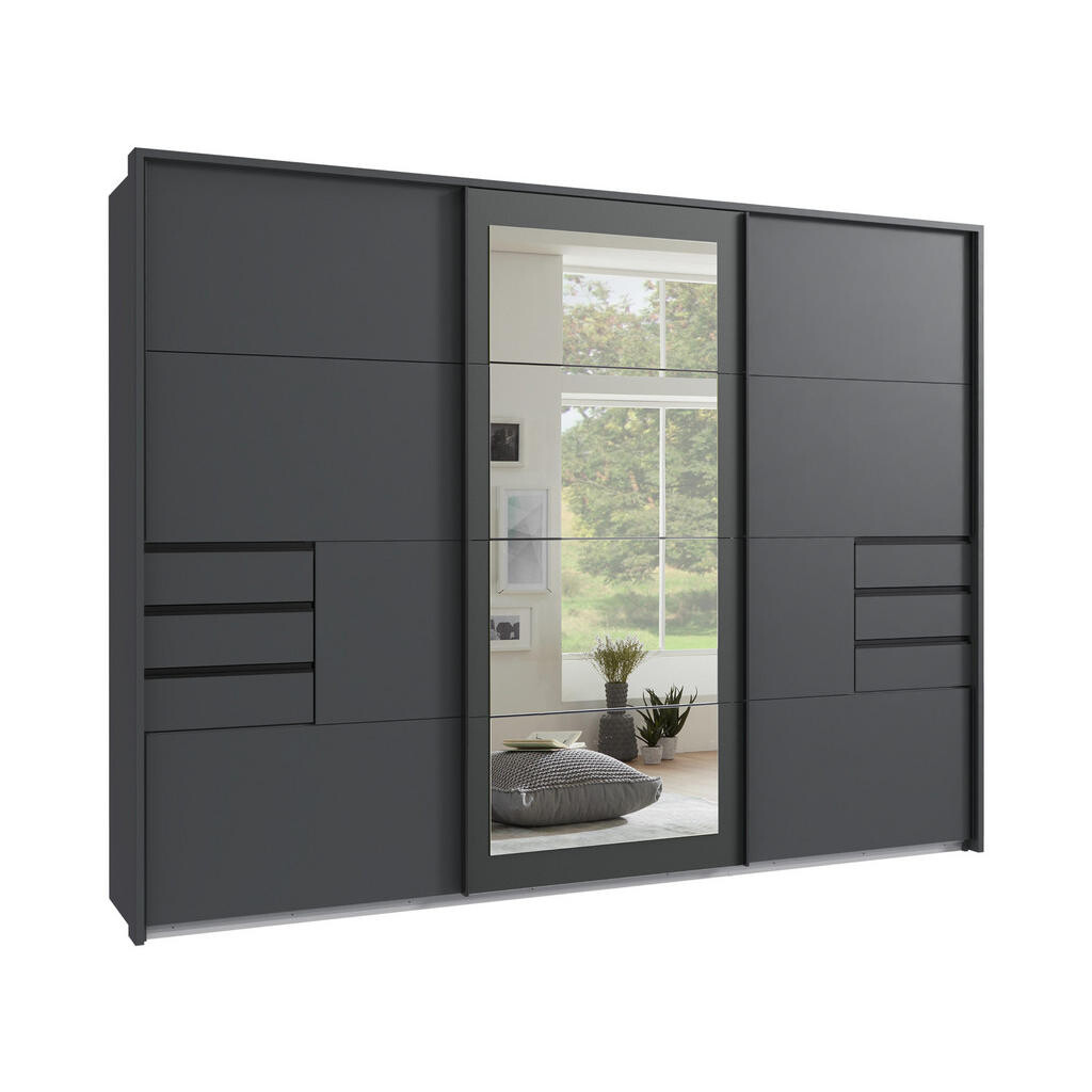 luma-home SKŘÍŇ S POSUVNÝMI DVEŘMI, 3dveřová, 273 × 213 × 64 cm (Š×V×H), v grafitové barvě, s paspartou, zrcadlem a zásuvkami / 22504