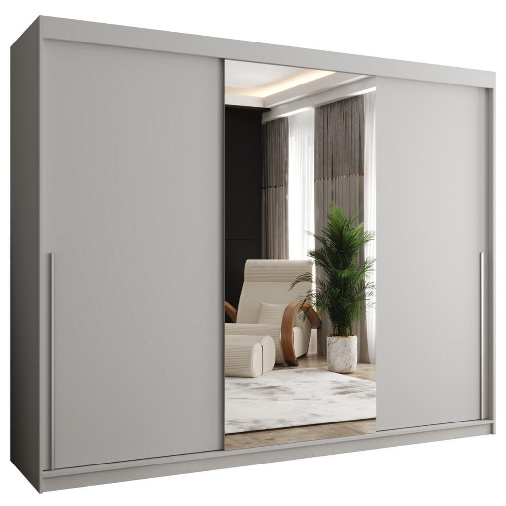 Home Collective SKŘÍŇ S POSUVNÝMI DVEŘMI se zrcadlem, šířka 250 cm, bílá se stříbrným úchytem