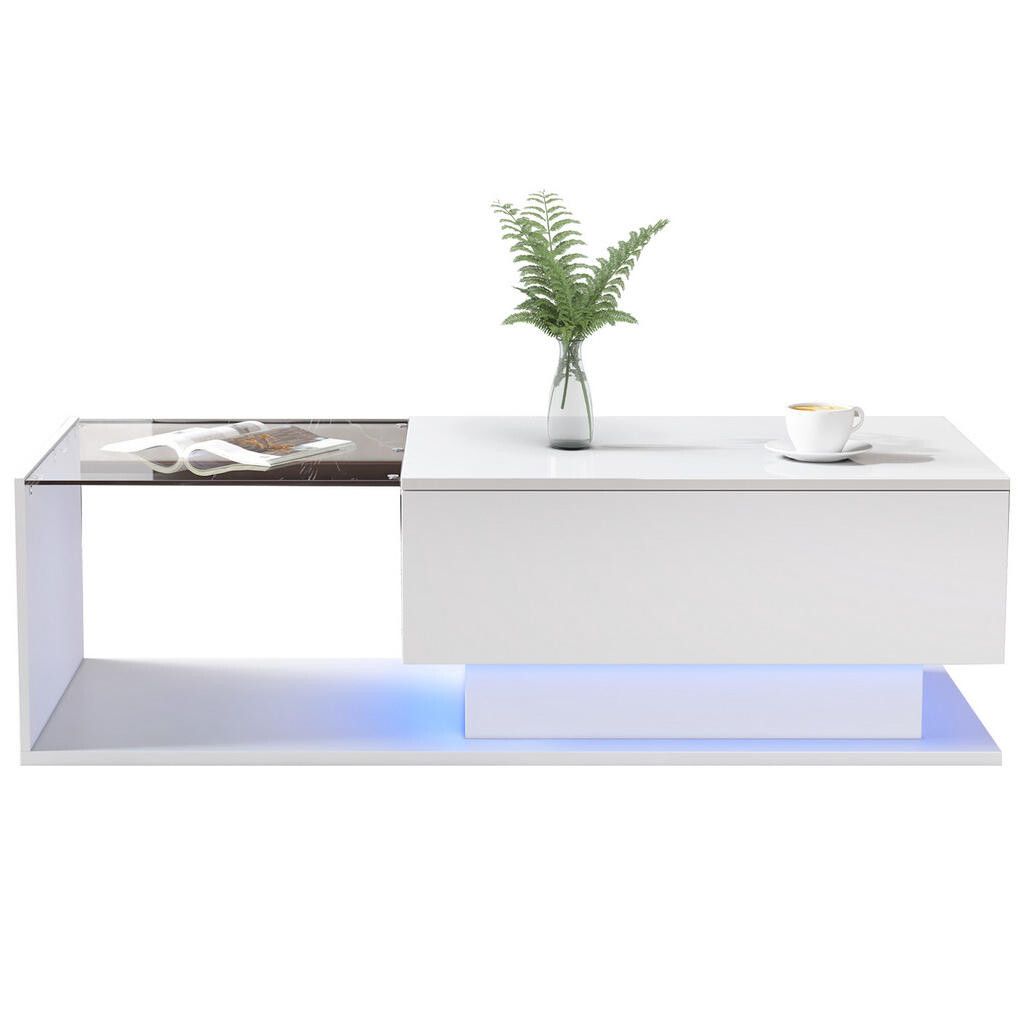 OKWISH KONFERENČNÍ stolek 100/50/32 cm bílý z dřevotřísky se sklem, zásuvkou a LED osvětlením