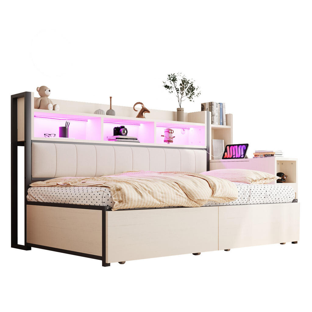 OKWISH JEDNOLŮŽKOVÁ postel 90/200 cm bílá v dekoru dřeva z kovu a dřeva s úložným prostorem a stolem