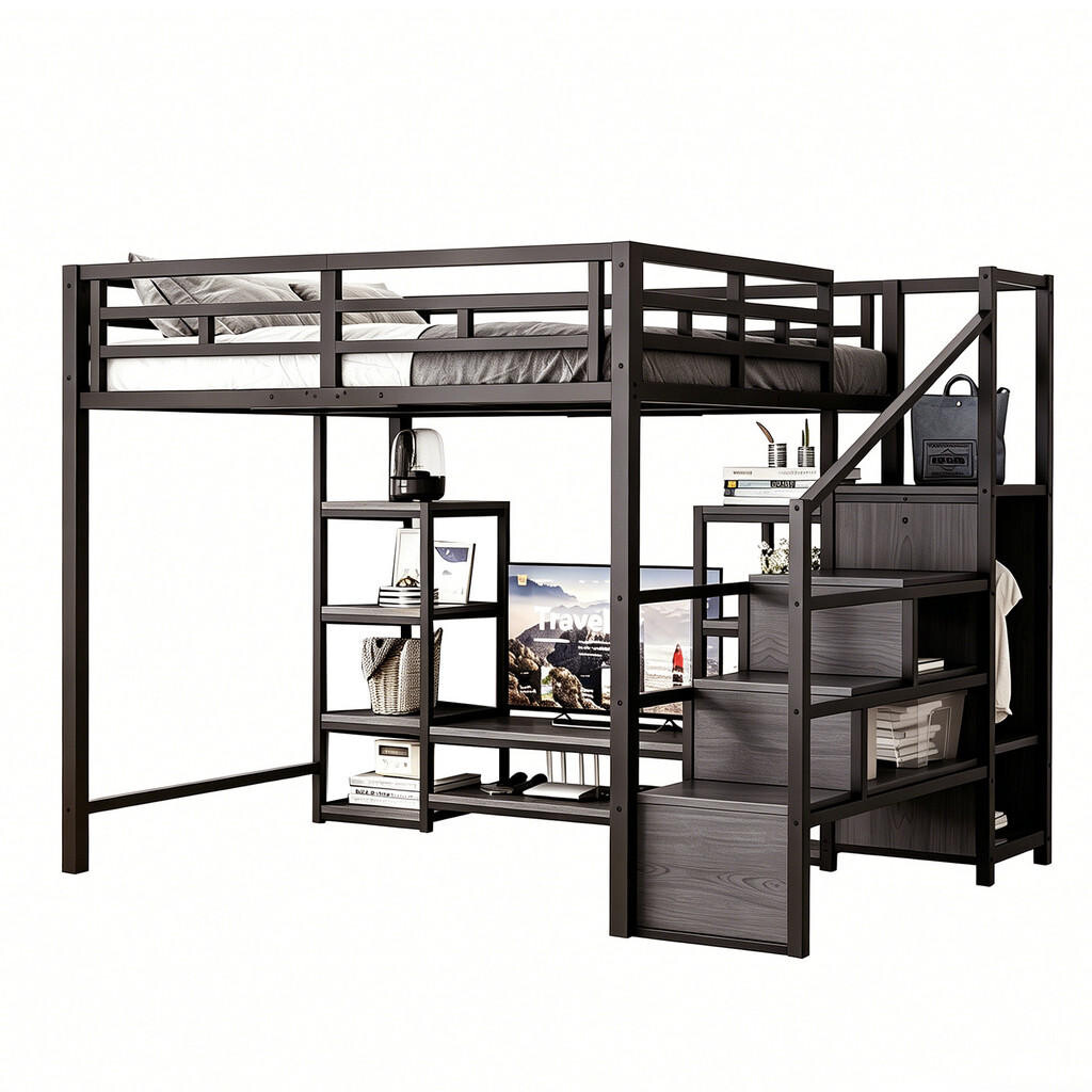 Redom VYSOKÁ postel 140/200 cm s TV stojanem, zásuvkou a bezpečnostním žebříkem, kov a MDF, černá