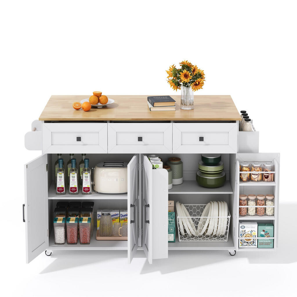 OKWISH KUCHYŇSKÝ ostrůvek 140/43(70)/90,5 cm bílá a přírodní z MDF s klopnou deskou a úložným prostorem