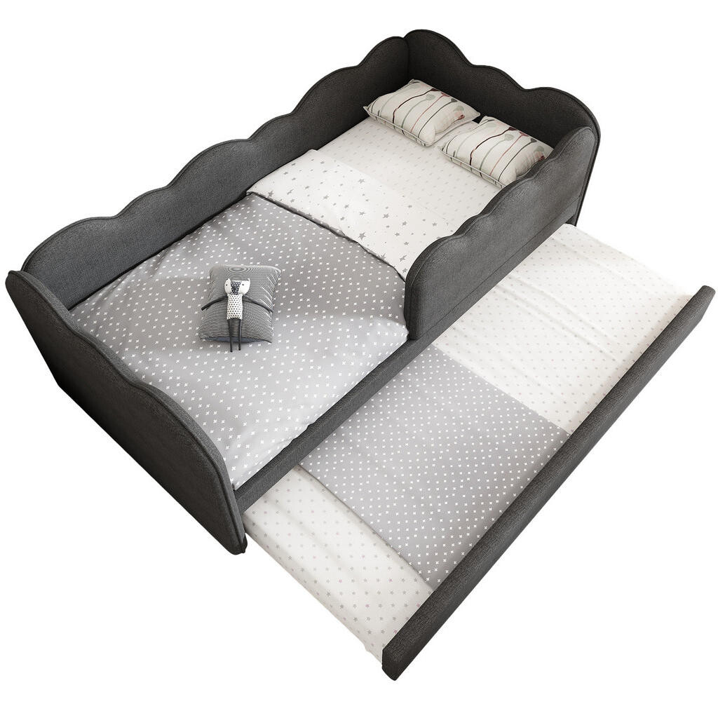 OKWISH DENNÍ postel 90/190 cm šedá z lnu s výsuvným lůžkem
