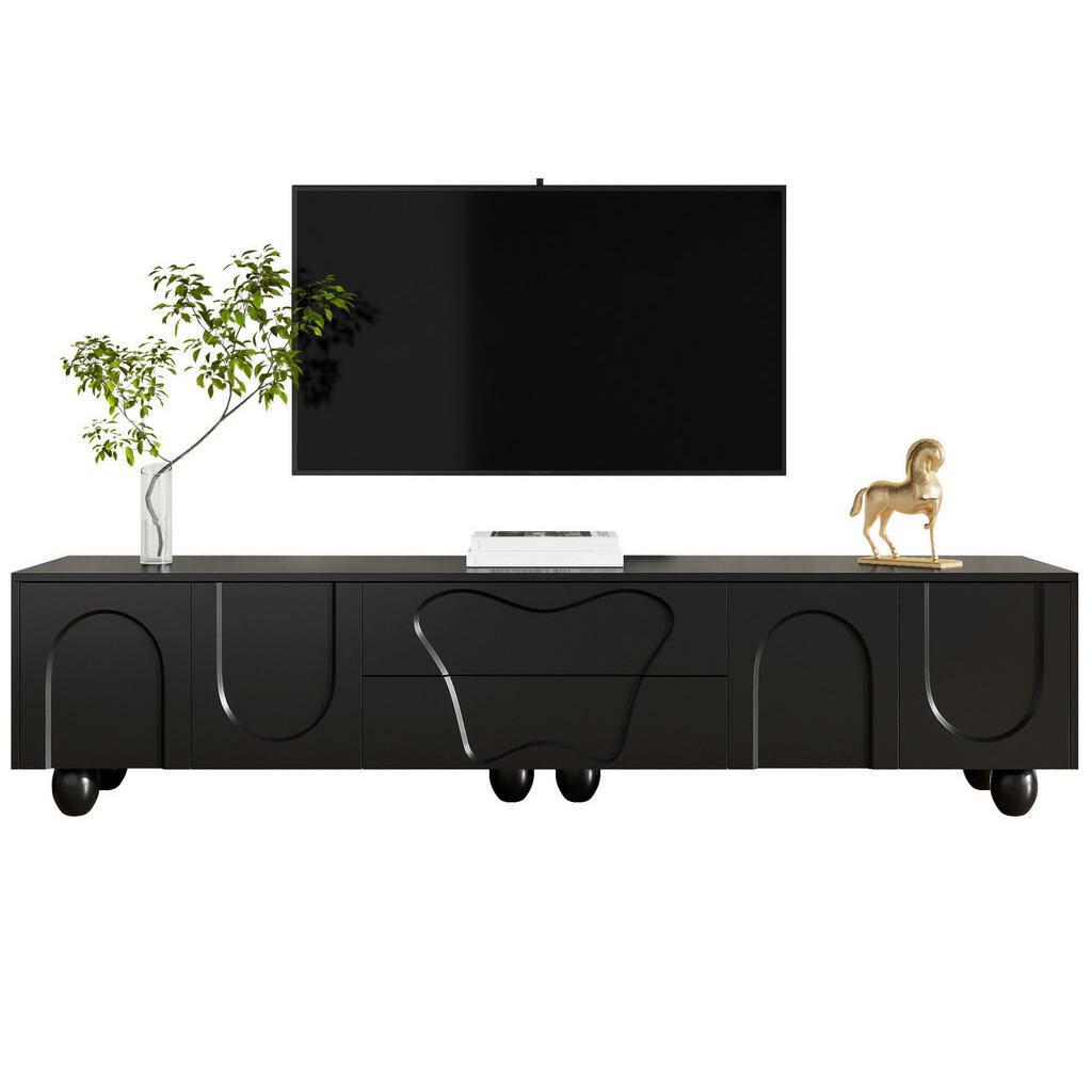 Redom TV stolek 180/40/42 cm s velkým úložným prostorem, zásuvkami a policemi, masivní dřevěné nohy, Černá