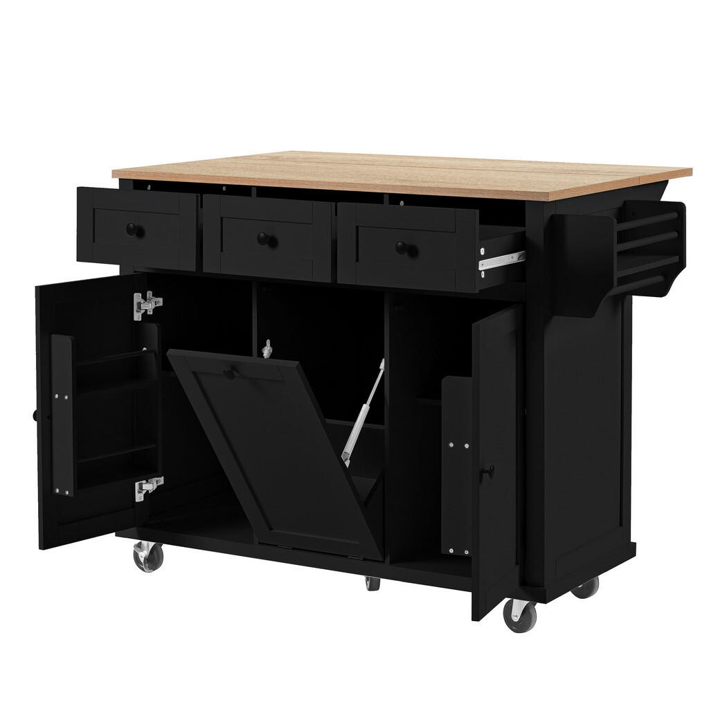 Redom KUCHYŇSKÝ ostrůvek 112/46,2-76,2/92,7 cm s výsuvnou pracovní deskou, úložným prostorem na odpad a kolečky, Černá/Přírodní