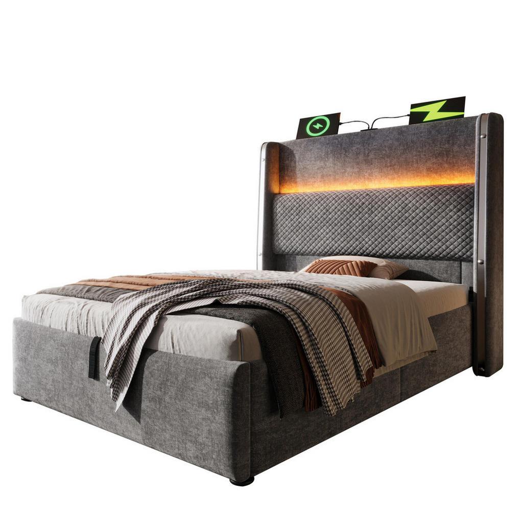 OKWISH POSTEL s úložným prostorem 90/200 cm šedá z lnu s LED osvětlením a USB/Type-C