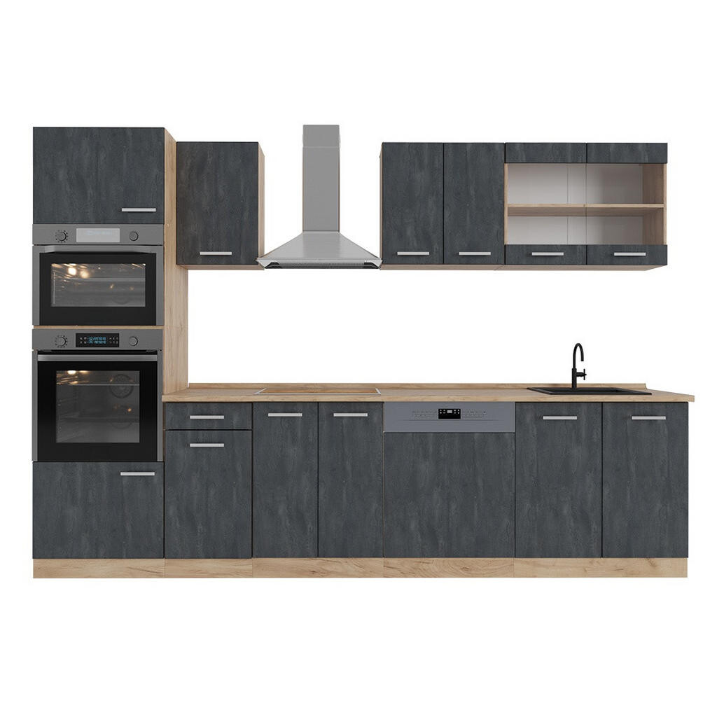 Vicco KUCHYŇSKÝ KOUT R-Line Černý beton/zlatý dub 300 cm bez pracovní desky