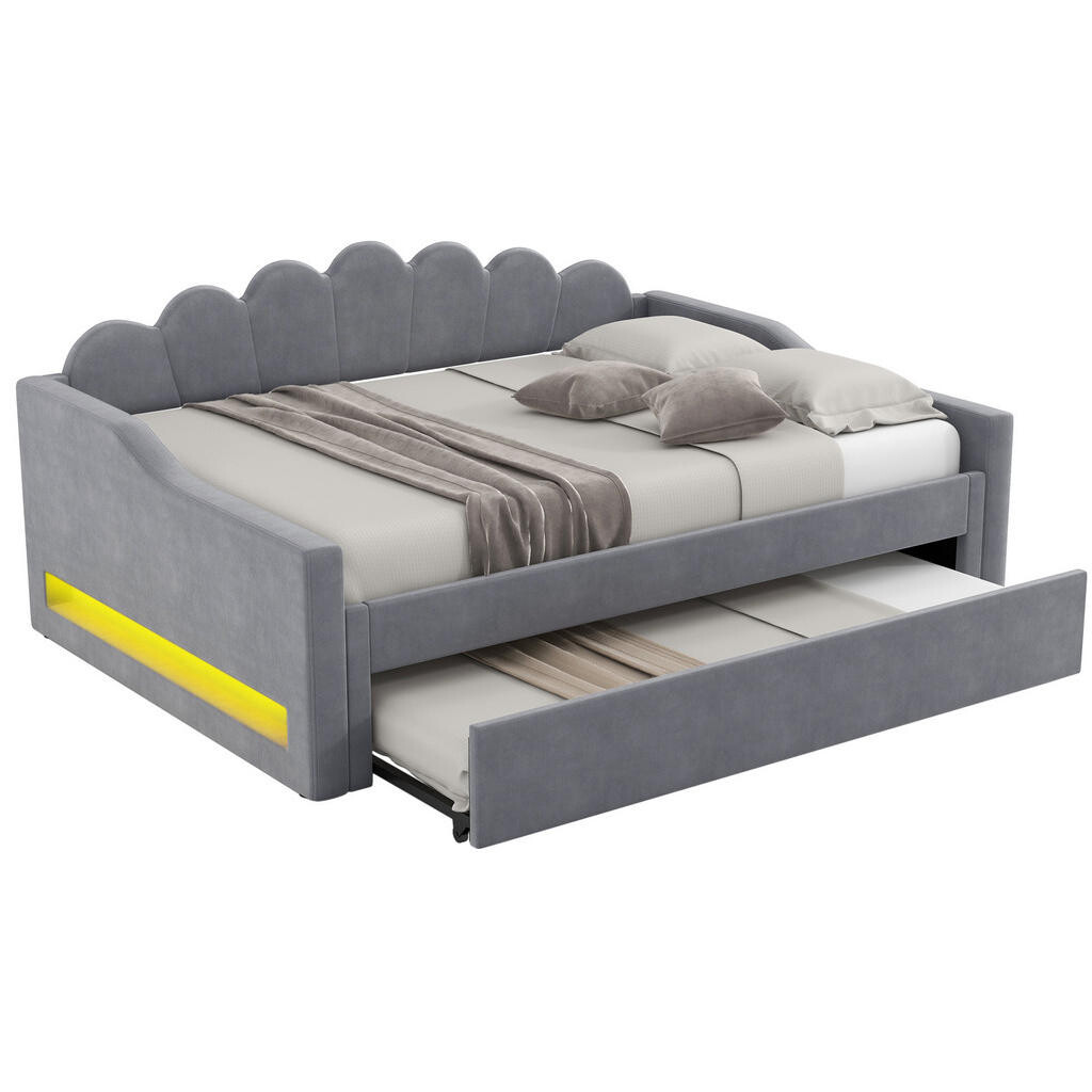 OKWISH ČALOUNĚNÁ postel 140/200 cm šedá z MDF a překližky s LED osvětlením a výsuvným lůžkem