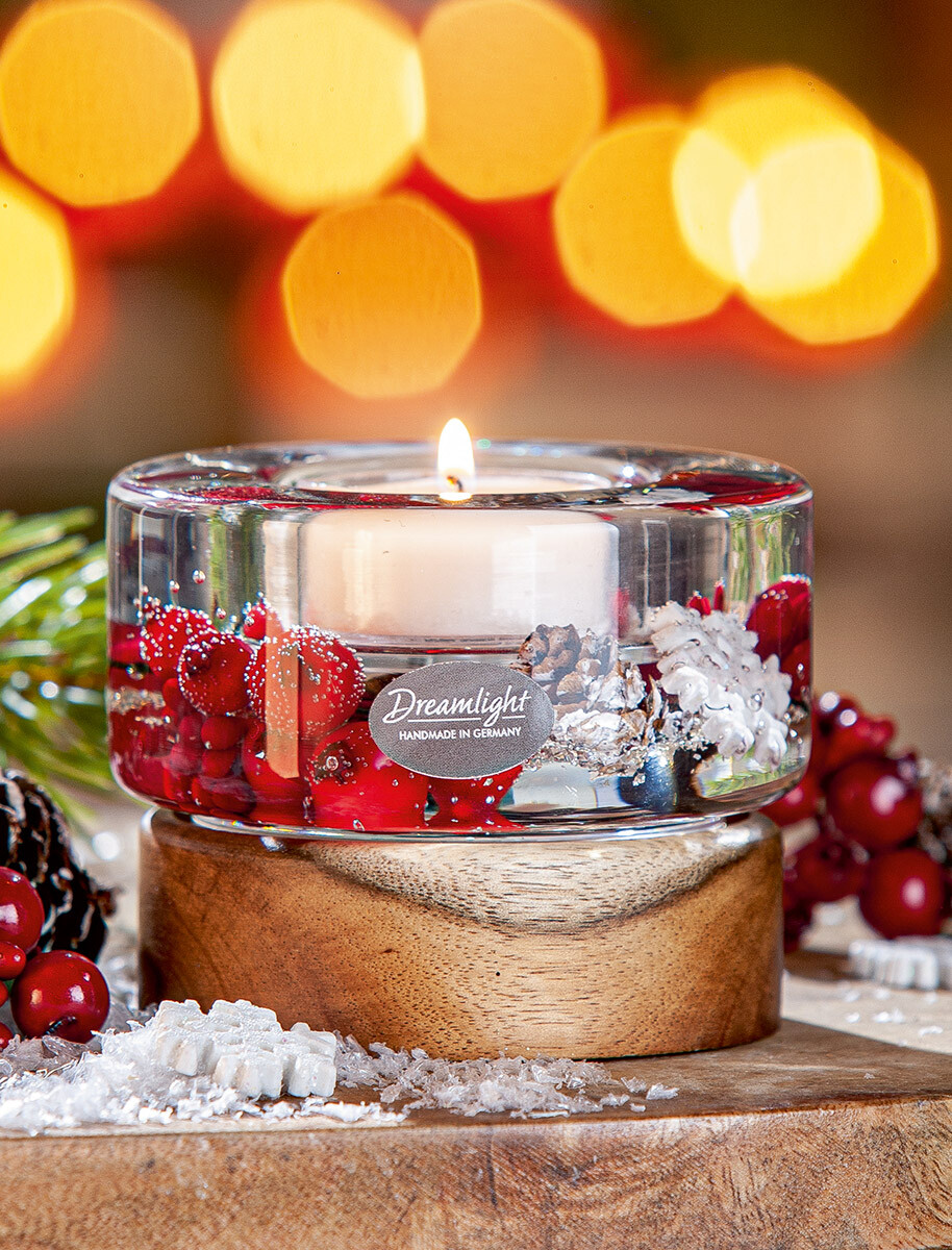 Svícen na čajovou svíčku Colum Smart na dřevěném podstavci Winter Berries, 6,5 cm