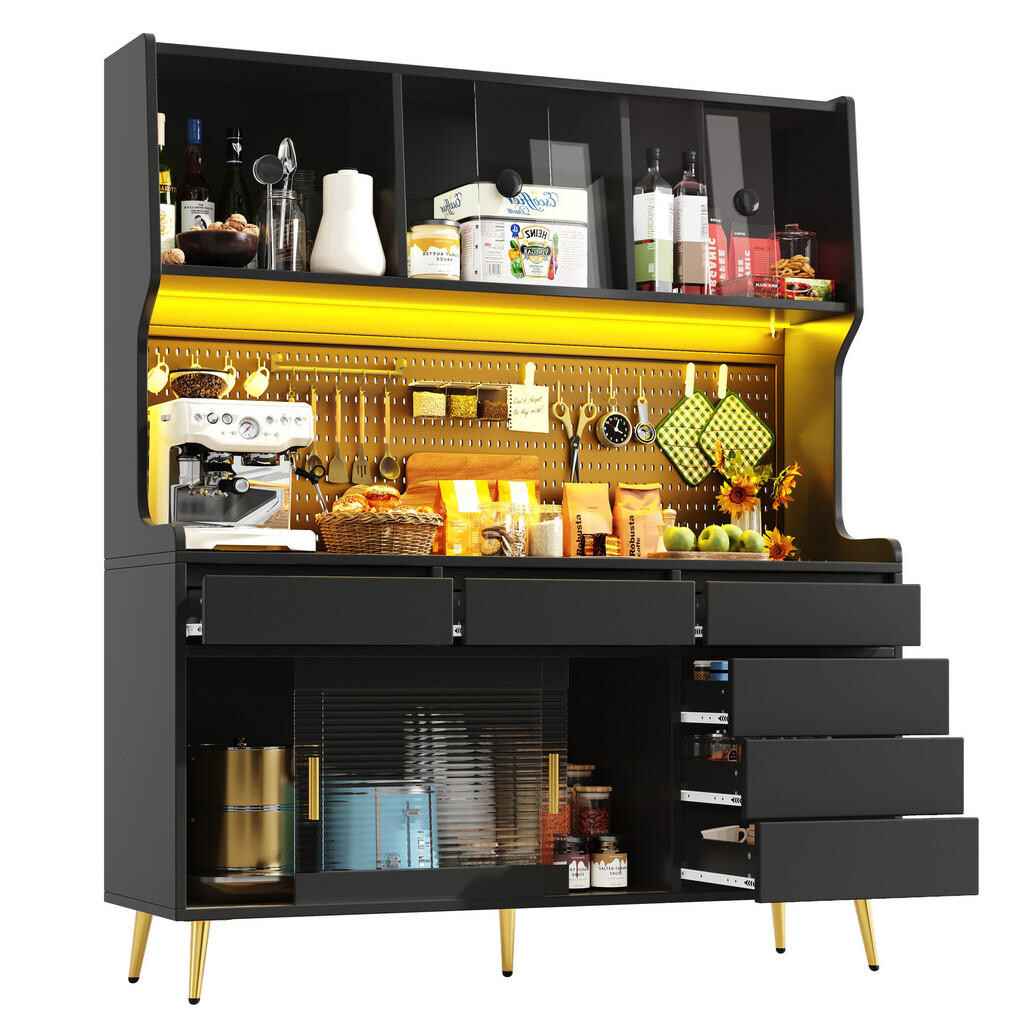 OKWISH VYSOKÁ skříň 145/39/171 cm černá z MDF, kovu a skla s LED osvětlením a posuvnými dveřmi