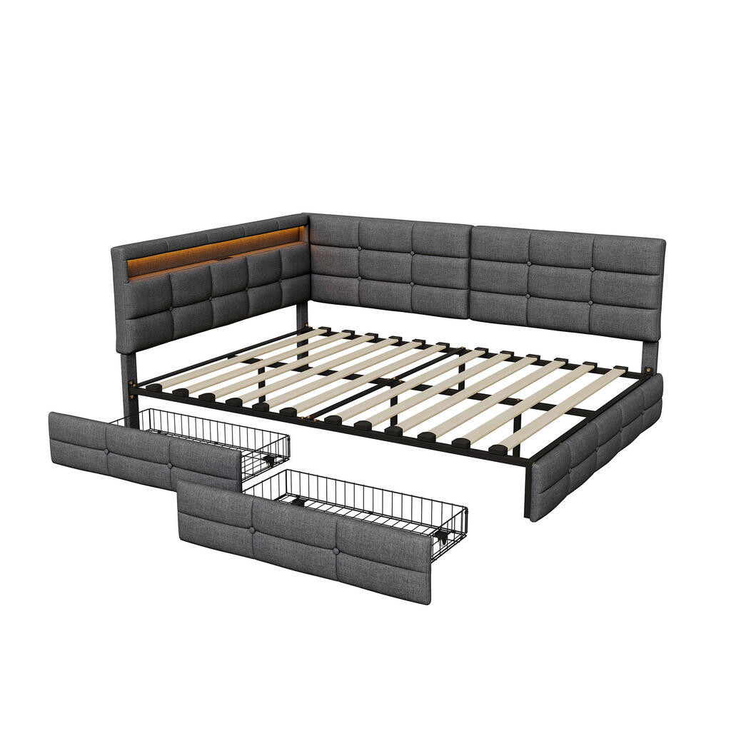 EuroLiving ČALOUNĚNÁ postel 140x190 cm, denní lůžko se 2 zásuvkami, LED a USB, manželská postel s čelem ve tvaru L, šedá