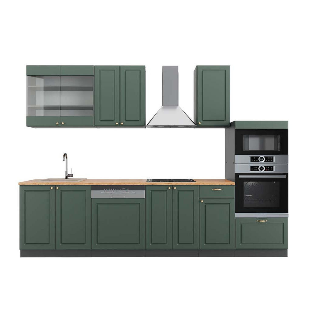 Vicco KUCHYŇSKÝ KOUT Fame-Line Zeleno-zlatá Country House/Anthracite 300 cm s vysokou skříní, PD Dub