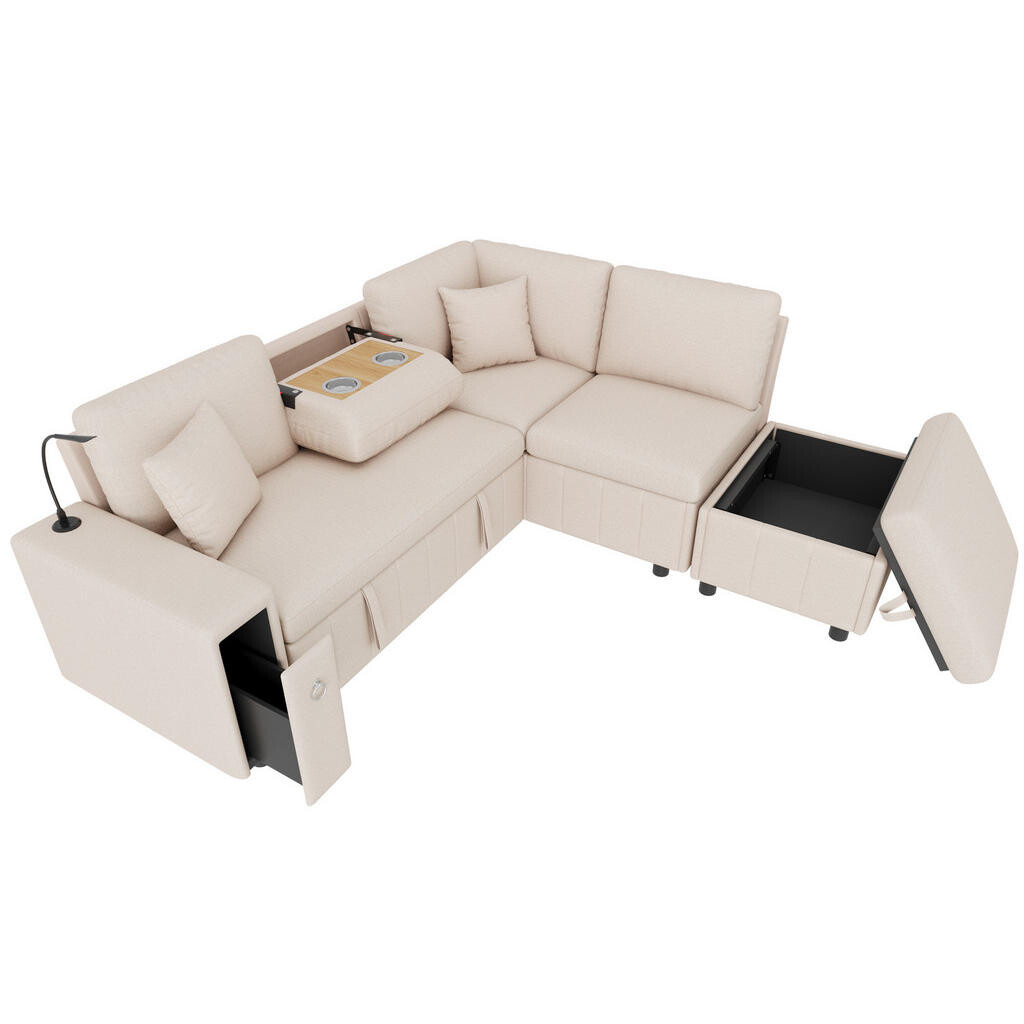 OKWISH ROZKLÁDACÍ rohová pohovka 213/184/88 cm béžová z lnu s úložným pufem, lampou a USB nabíjením