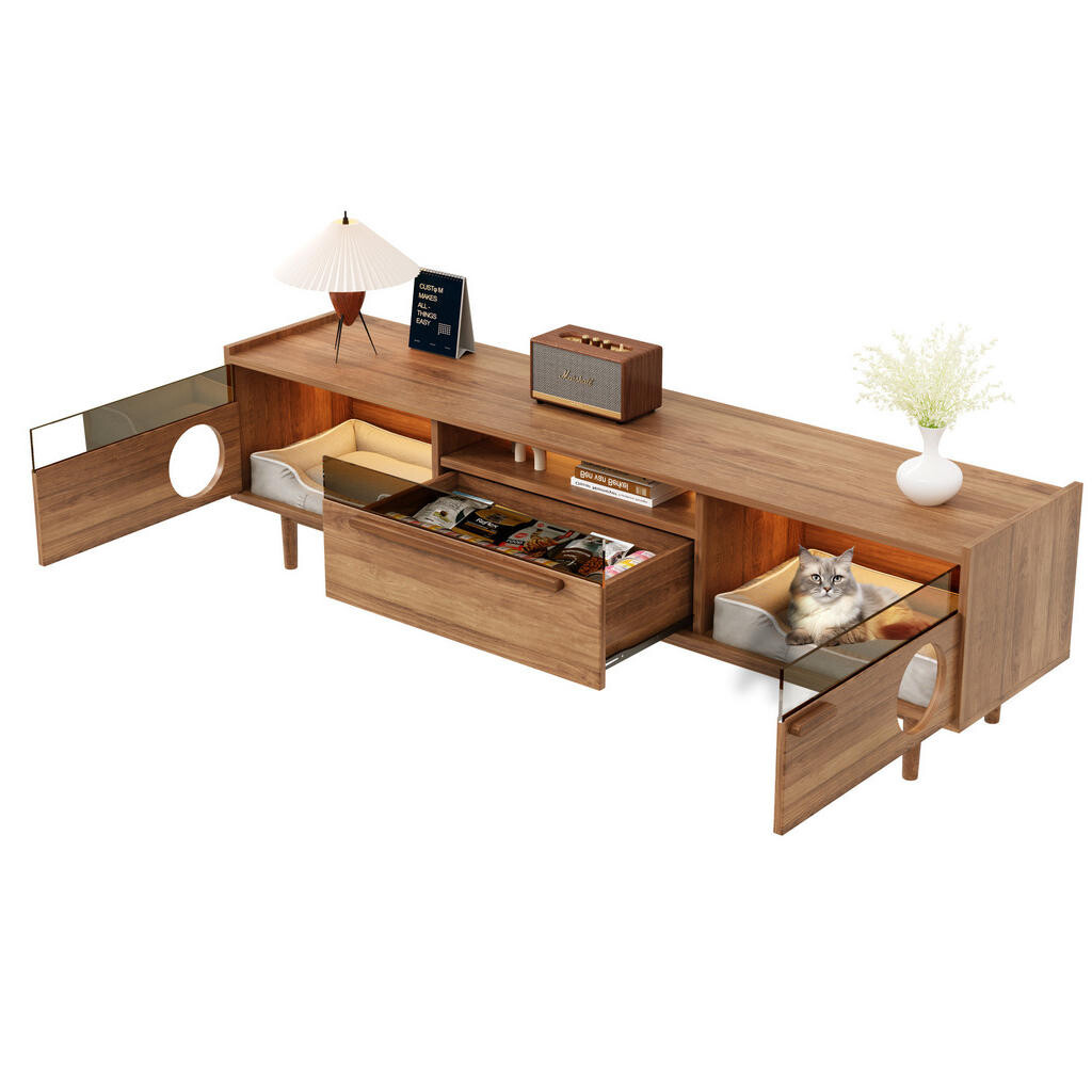 OKWISH TV stolek 180/40/50 cm ořechový z MDF a tvrzeného skla s LED osvětlením a prostorem pro kočku