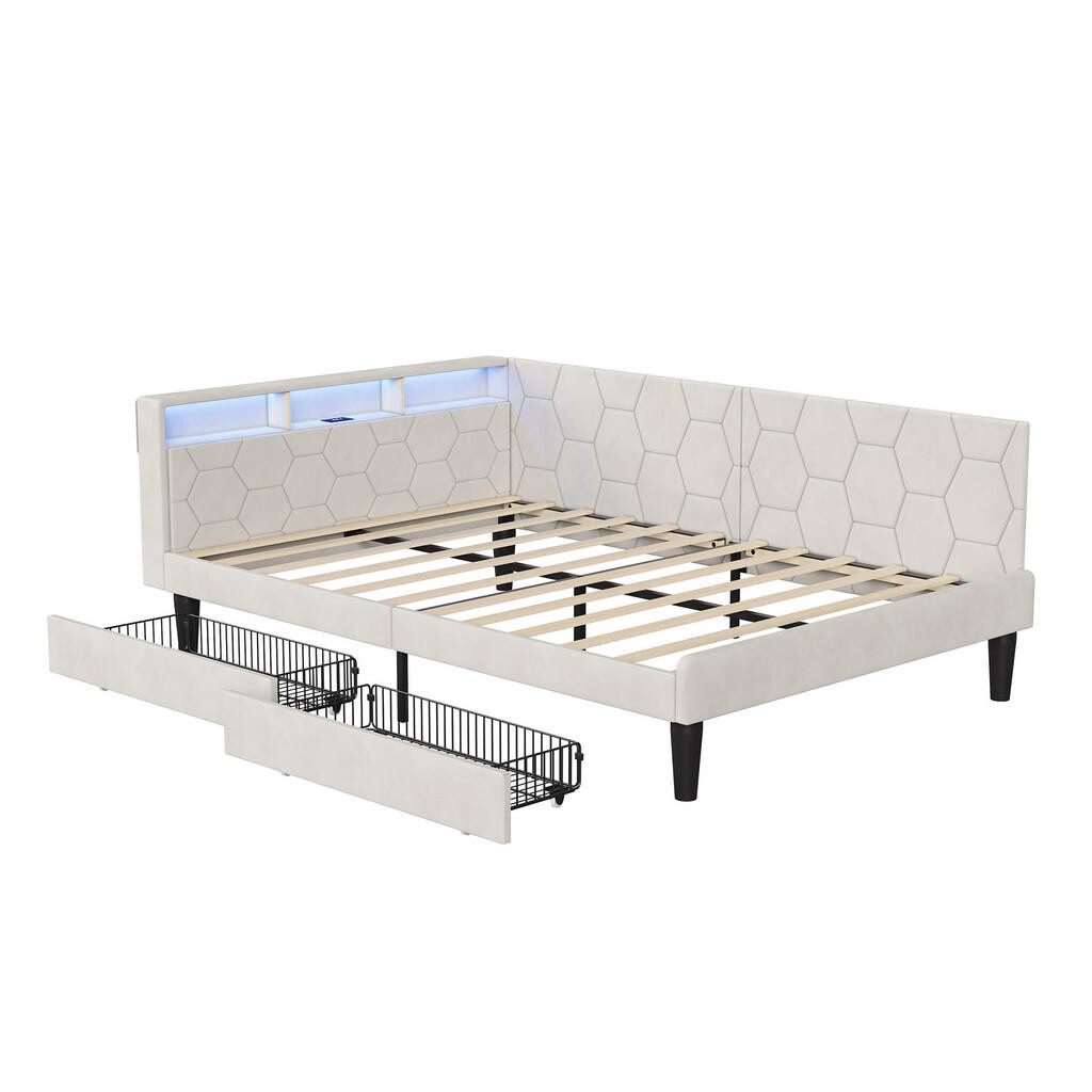 EuroLiving ČALOUNĚNÁ postel 140x200 cm, denní lůžko se 2 zásuvkami, LED a USB, manželská postel s úložným prostorem v čele, béžová