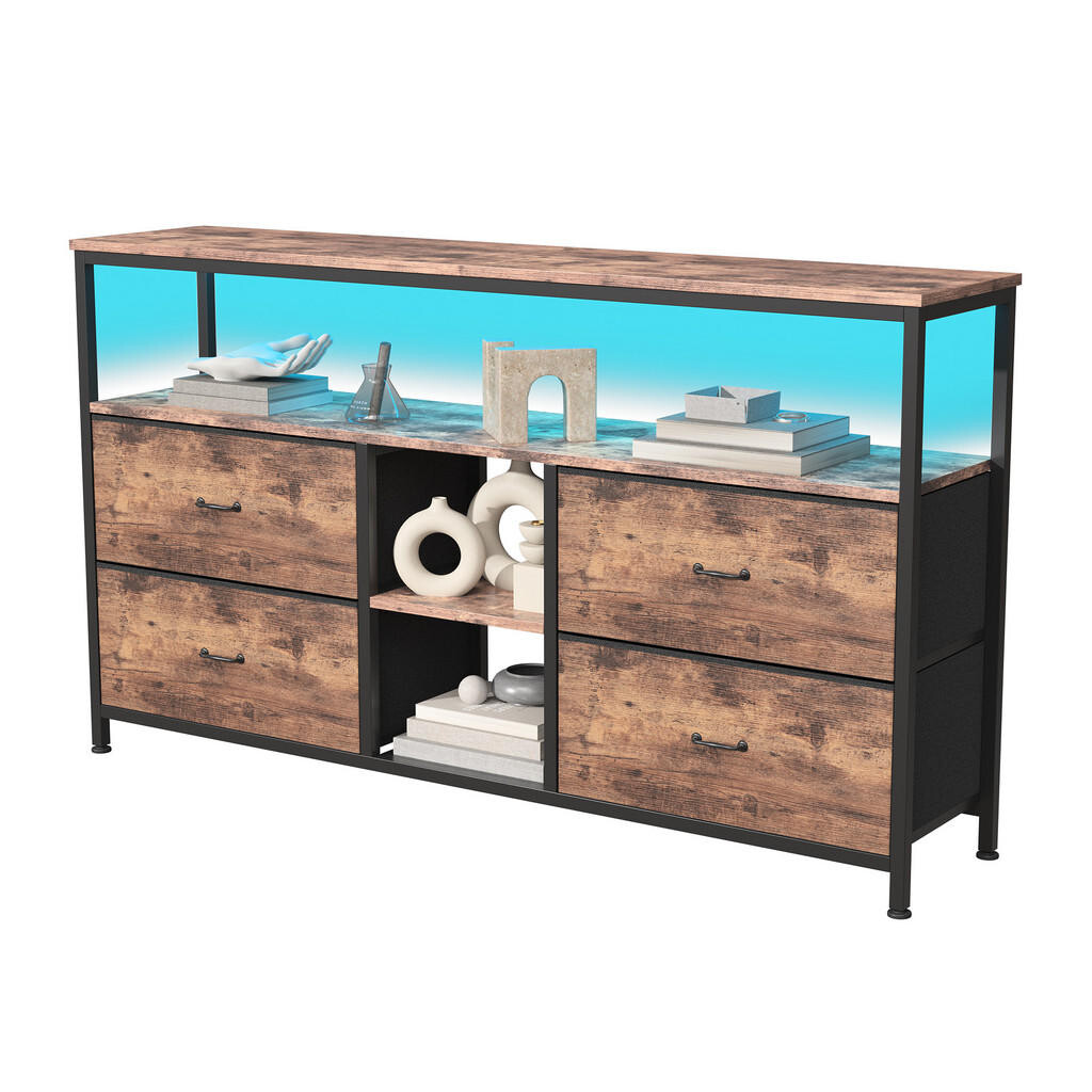EuroLiving TV stolek 108 cm, LED, tygrovaný vzhled dřeva, 4 vintage látkové zásuvky, kovový rám, výškově nastavitelné nohy, retro moderní