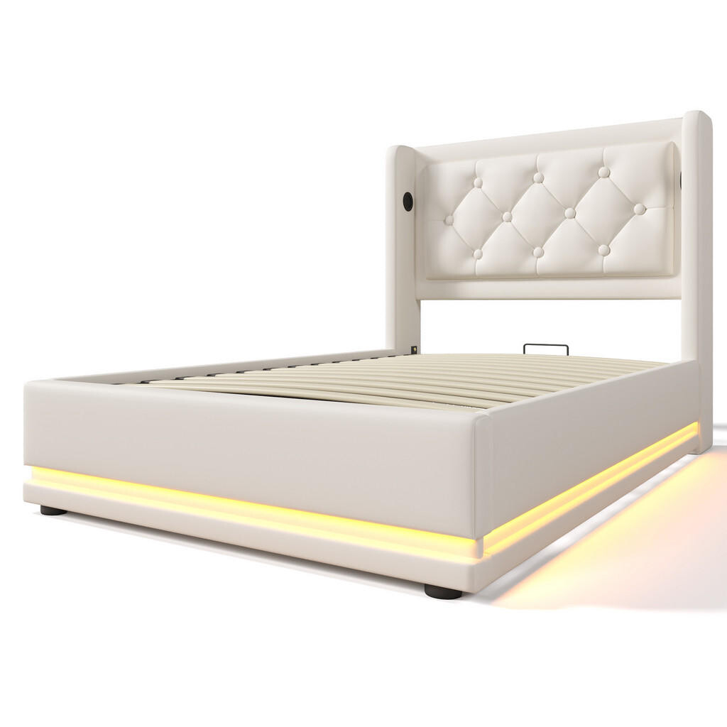 WISHDOR ČALOUNĚNÁ POSTEL 90/200 cm bílá umělou kůží s úložným prostorem, LED osvětlením a USB portem/Type-C