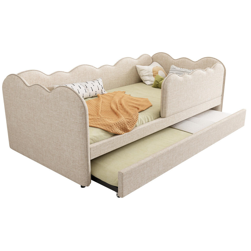 OKWISH DĚTSKÁ postel 90/190 cm béžová z lnu s výsuvným lůžkem a lamelovým roštem