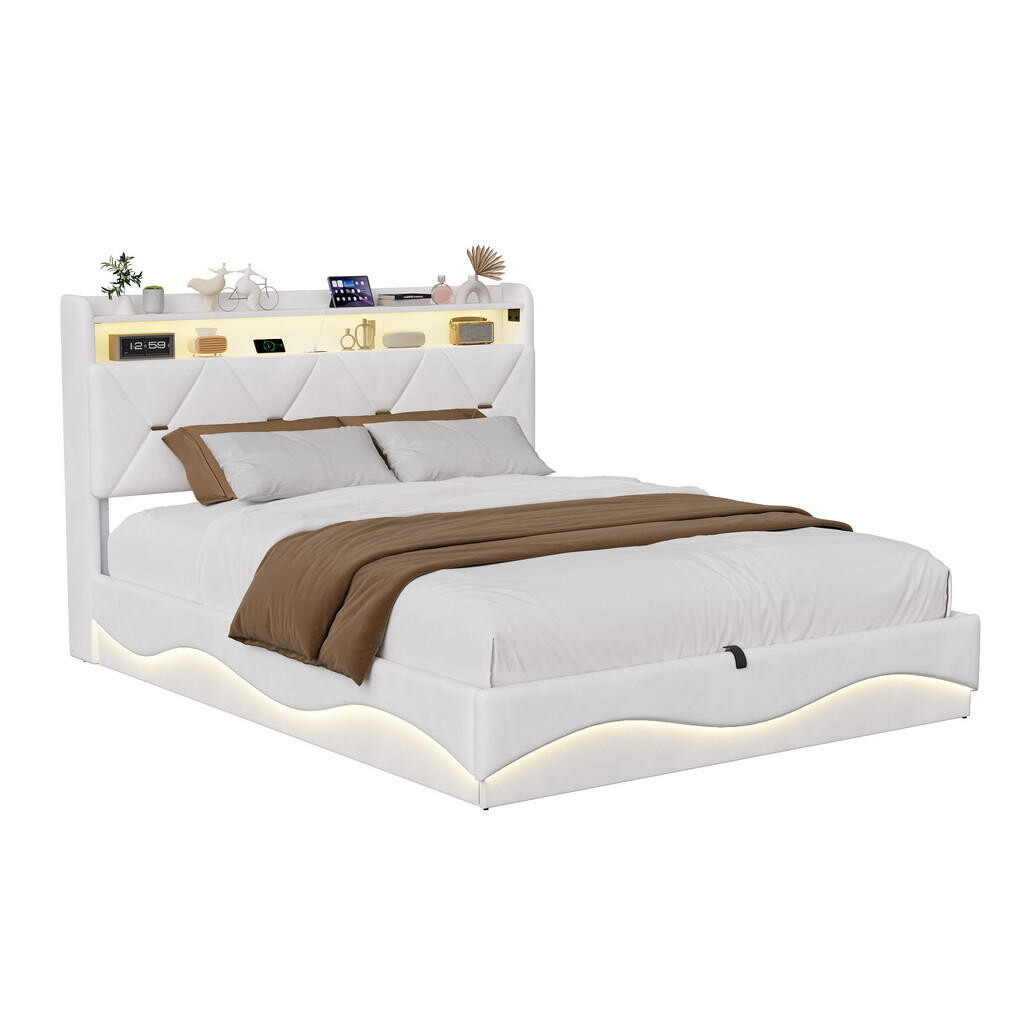 EuroLiving ČALOUNĚNÁ postel 140x200 cm s boxem, hydraulickým úložným systémem, LED osvětlením, porty USB a Type-C, čelem s policí a lamelovým roštem,