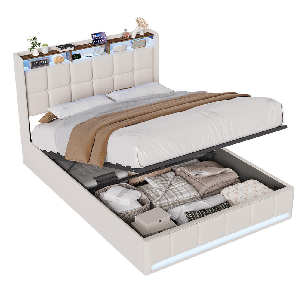 EuroLiving ČALOUNĚNÁ postel 140x200 cm béžová s LED osvětlením, čelem s úložným prostorem a USB/Type-C, hydraulické úložné lůžko